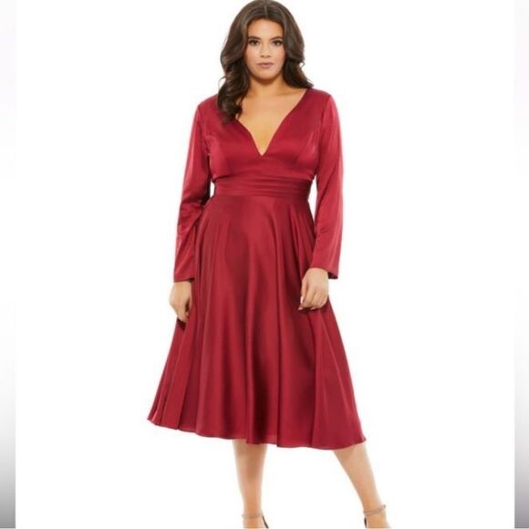 Mac Duggal Dresses & Skirts - Mac Duggal 67907 Burgundy Satin V-Neck Long Sleeve Dress Sz 22W NWT